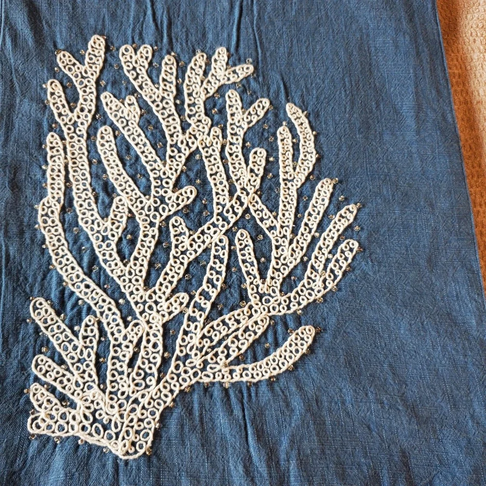 Coastal Collection Blue Cotton Coral‎ Embroidered Beaded Table Runner 74x13